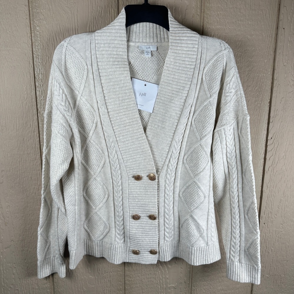 J. Jill Cardigan Sweater Women Medium Petite Oatmeal Double Breasted Cable Knit